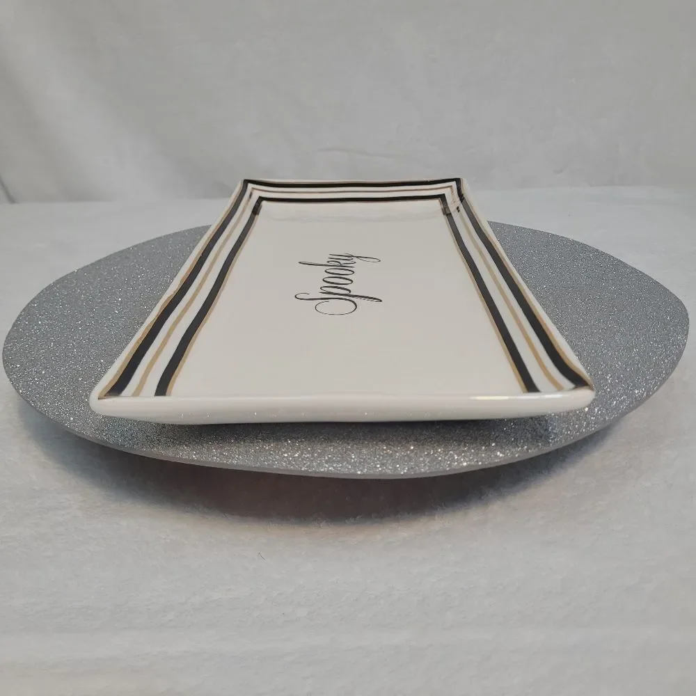 Terramoto Ceramic Halloween Spooky Serving Tray Platter White Black Gold Stripes